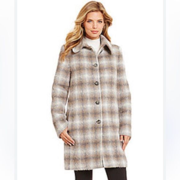 NWT Katherine Kelly | Alpaca Wool Plaid Brown Off White Long A Line Coat 12 - Picture 1 of 9